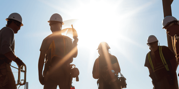 group of men in construction gear standing below glaring sun