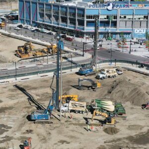 Birds eye view of a construction site with heavy machinery.