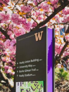 Campus sign in front of blossoming cherry trees.