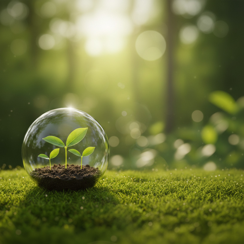 glass ball with plants on grass